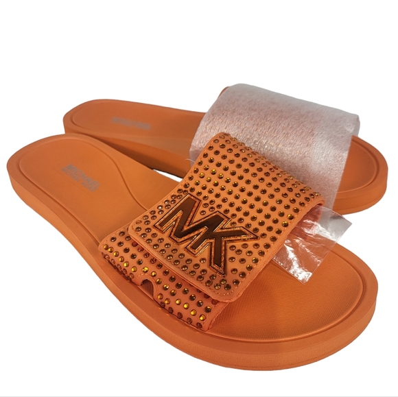 Michael Kors MK Rhinestone Logo Pool Slide Sandals Apricot 6 - Picture 4 of 5